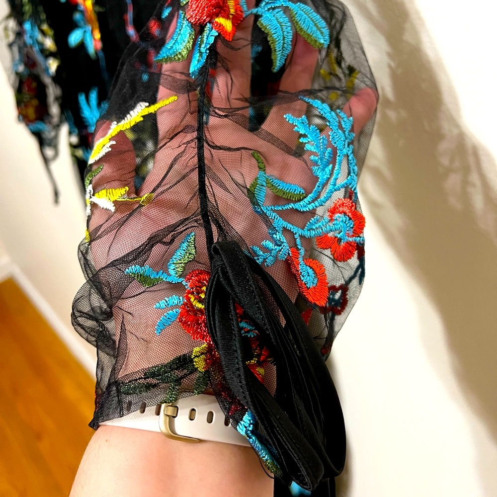 🎉HP🎉 Simply Be Sheer Floral Embroidered Dress w/ Black Slip and Ruched Sleeves - Picture 3 of 8